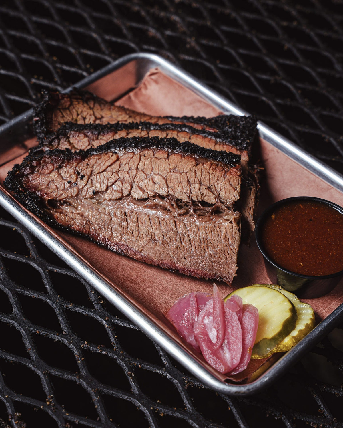 Sliced prime brisket on a tray
